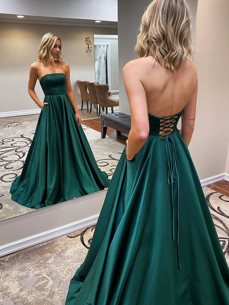 Strapless Emerald Green Long Prom Dresses, Emerald Green Long Formal Evening Dresses