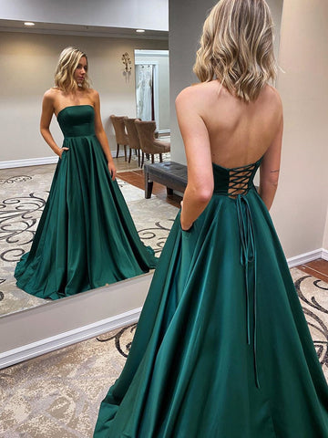 Strapless Emerald Green Long Prom Dresses, Emerald Green Long Formal Evening Dresses