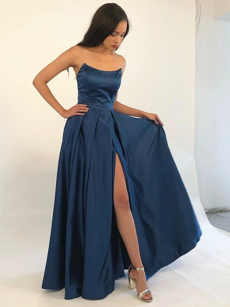 Strapless Navy Blue/Burgundy Prom Dress with Leg Slit, Navy Blue/ Wine jbydress Strapless Navy Blue/Burgundy Prom Dress with Leg Slit, Navy Blue/ Wine jbydress