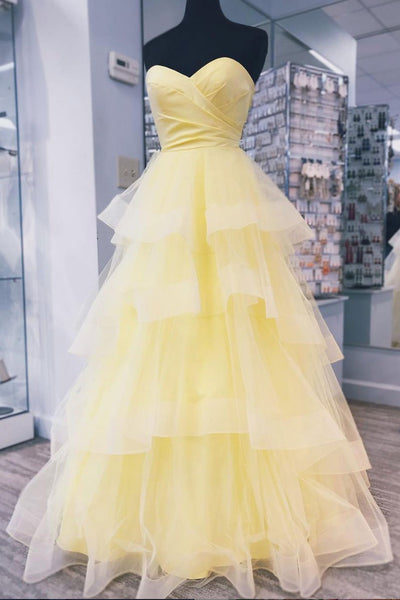 Sweethart Neck Floor Length Yellow Puffy Prom Dresses, Yellow Floor Length Puffy Formal Graduation Evening Dresses