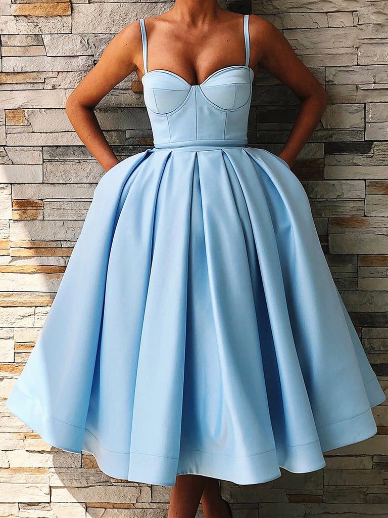 Sweethart Neck Tea Length Blue Prom Dresses, Tea Length Blue Formal Gowns, Blue Graduation Homecoming Dresses