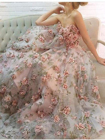 Sweetheart Neck 3D Floral Long Prom Dresses, Floral Pink Long Formal Evening Dresses