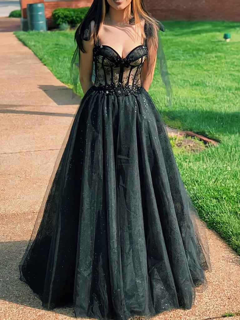 Sweetheart Neck Back Tulle Long Prom Dresses, Black Lace Long Formal G jbydress Sweetheart Neck Back Tulle Long Prom Dresses, Black Lace Long Formal G jbydress