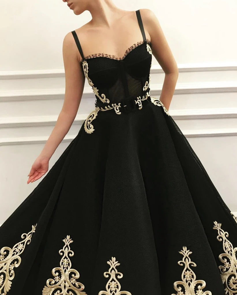Sweetheart Neck Black Prom Dress with Gold Lace, Black Gold Lace