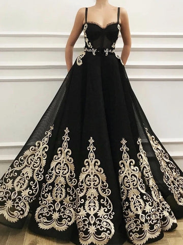 Sweetheart Neck Black Prom Dress with Gold Lace, Black Gold Lace Formal Evening Dresses