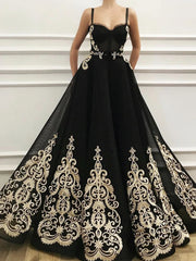 Sweetheart Neck Black Prom Dress with Gold Lace, Black Gold Lace Forma   jbydress