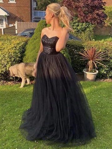 Sweetheart Neck Black Tulle Long Prom Dresses, Black Long Formal Evening Dresses