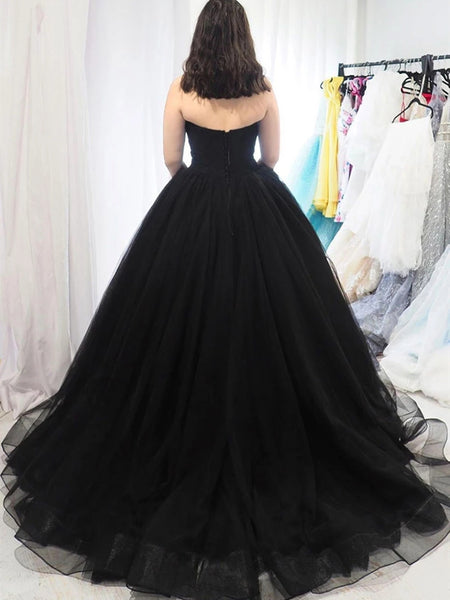 Sweetheart Neck Black Tulle Long Prom Dresses, Black Tulle Long Formal Evening Dresses