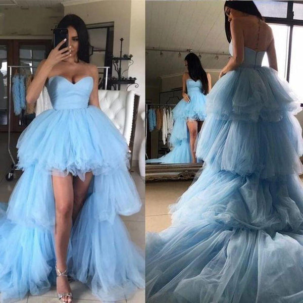 Sweetheart Neck Blue High Low Prom Dresses, Blue High Low Formal Evening Dresses