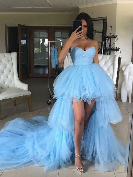Sweetheart Neck Blue High Low Prom Dresses, Blue High Low Formal Evening Dresses