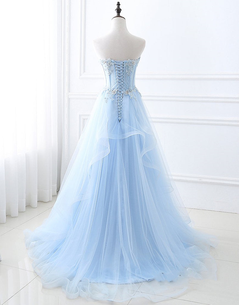 Sweetheart Neck Blue Lace Prom Dresses, Light Blue Lace Formal Evening ...