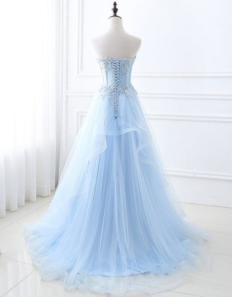 Sweetheart Neck Blue Lace Prom Dresses, Light Blue Lace Formal Evening Dresses