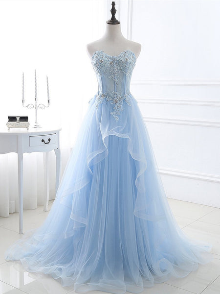 Sweetheart Neck Blue Lace Prom Dresses, Light Blue Lace Formal Evening Dresses