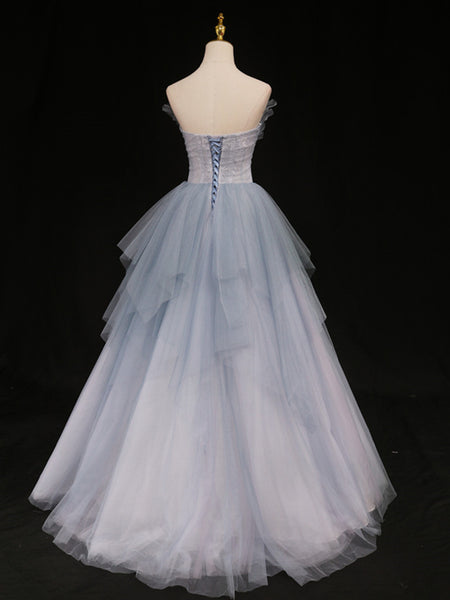 Sweetheart Neck Blue Ombre Tulle Long Prom Dresses, Blue Ombre Long Tulle Formal Evening Dresses