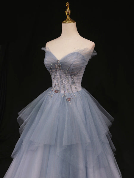 Sweetheart Neck Blue Ombre Tulle Long Prom Dresses, Blue Ombre Long Tulle Formal Evening Dresses