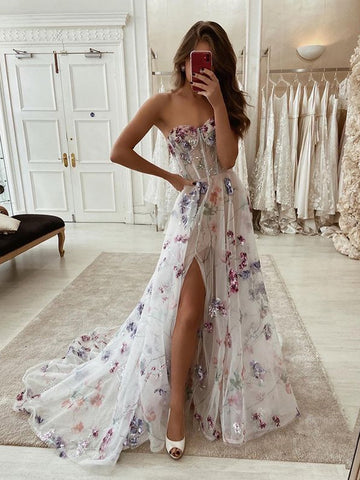Sweetheart Neck Champagne Purple Floral Long Prom Dresses, Champagne Purple Long Formal Evening Dresses
