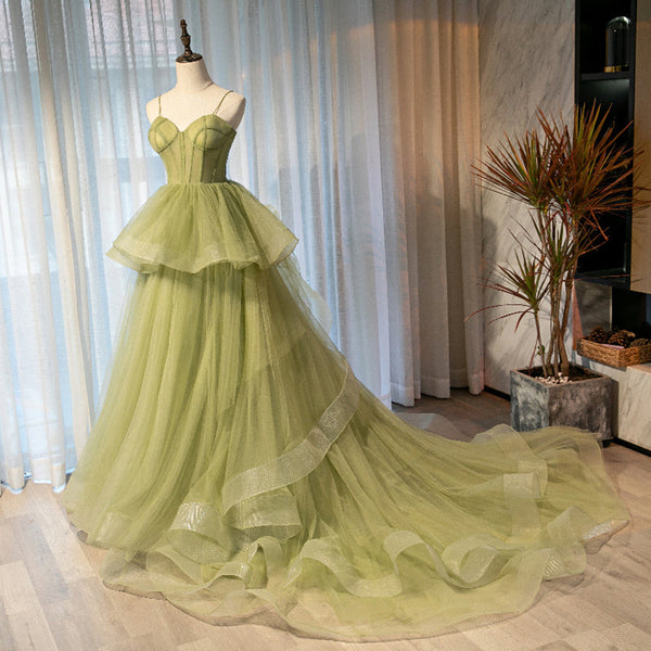 Sweetheart Neck High Low Green Long Prom Dresses, Green High Low Formal Graduation Dresses