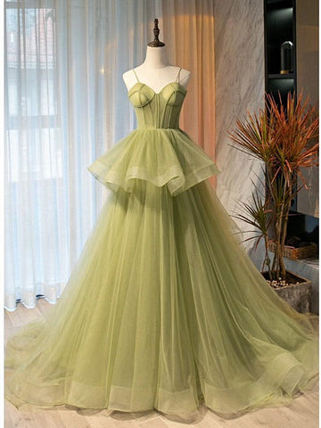 Sweetheart Neck High Low Green Long Prom Dresses, Green High Low Formal Graduation Dresses