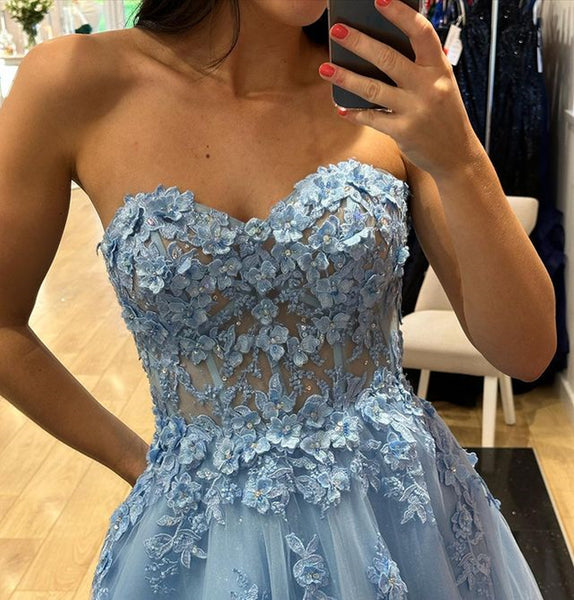 Sweetheart Neck Light Blue Lace Prom Dresses Long, Light Blue Long Lace Formal Evening Dresses