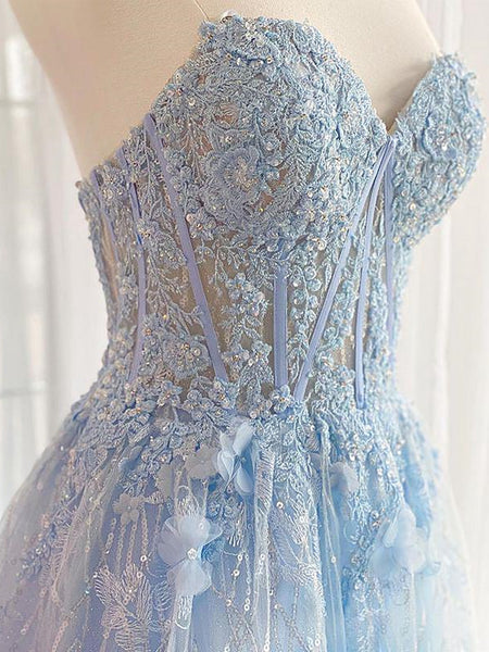 Sweetheart Neck Light Blue Lace Prom Dresses, Light Blue Lace Formal Evening Dresses