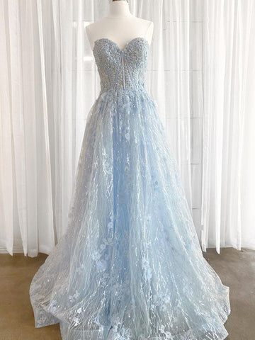 Sweetheart Neck Light Blue Lace Prom Dresses, Light Blue Lace Formal Evening Dresses