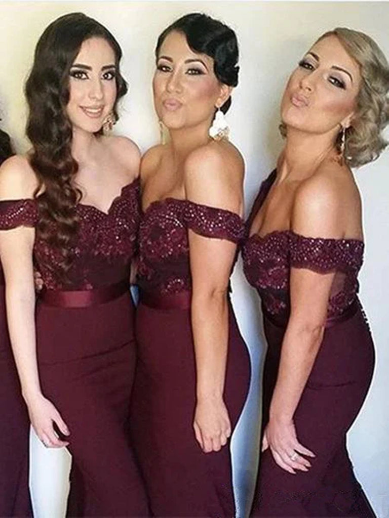 Sweetheart Neck Off Shoulder Maroon Lace Prom Dress, Maroon Lace Bridesmaid Dress, Maroon Formal Dress