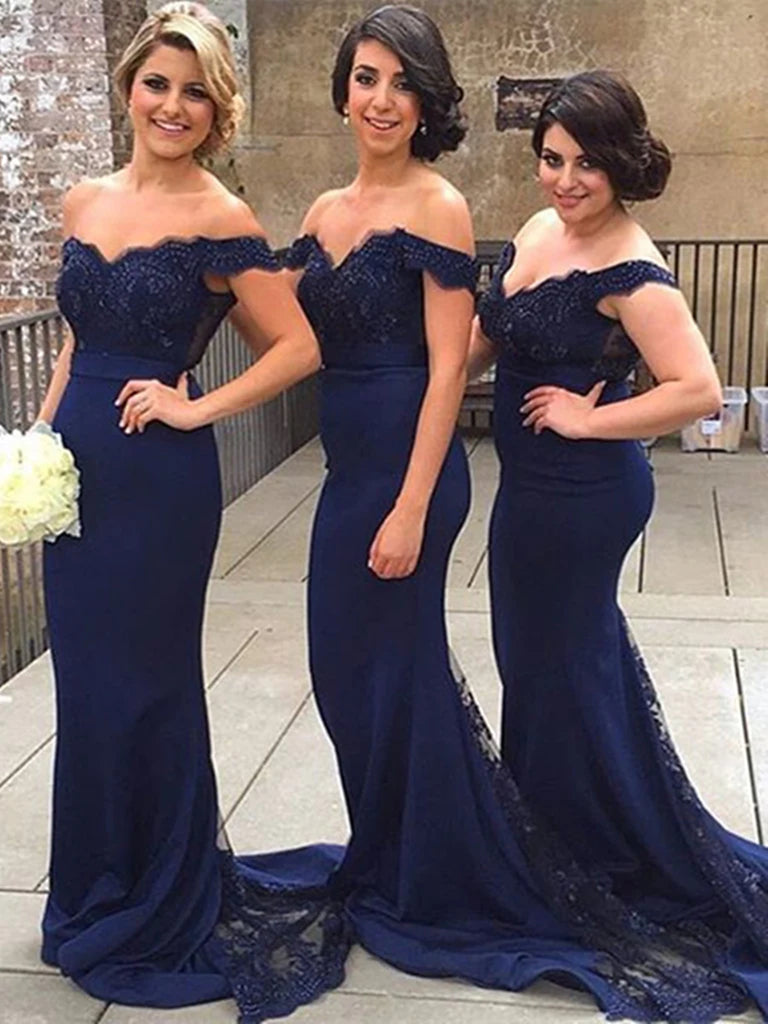 Sweetheart Neck Off Shoulder Mermaid Navy Blue Lace Prom Dresses, Navy Blue Lace Bridesmaid Dress, Formal Dress