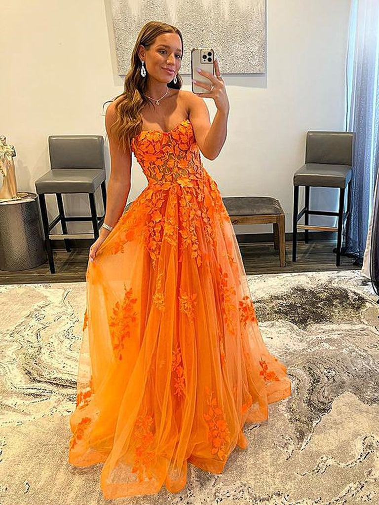 Sweetheart Neck Orange Lace Prom Dresses Long, Orange Floral Lace Form jbydress Sweetheart Neck Orange Lace Prom Dresses Long, Orange Floral Lace Form jbydress