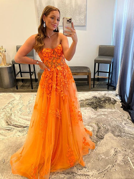 Sweetheart Neck Orange Lace Prom Dresses Long, Orange Floral Lace Formal Graduation Dresses