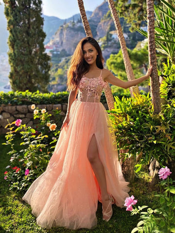 Sweetheart Neck Pink Lace Prom Dresses, Pink Lace Long Formal Evening Dresses