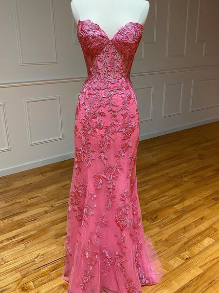 Sweetheart Neck Pink Mermaid Lace Prom Dresses, Pink Mermaid Lace Formal Graduation Dresses