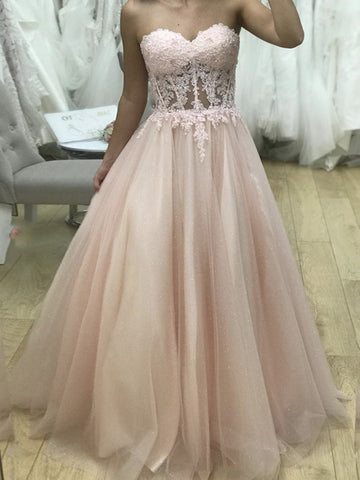 Sweetheart Neck Pink Tulle Lace Prom Dresses, Pink Tulle Lace Formal Evening Dresses