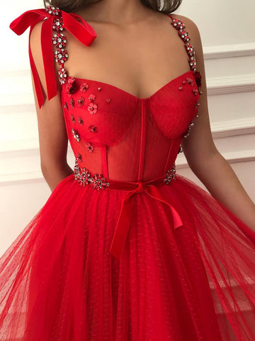 Sweetheart Neck Red Floral Long Prom Dresses, Red Floral Long Formal Evening Dresses