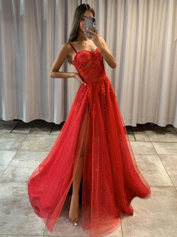 Sweetheart Neck Red Lace Tulle Prom Dresses, Red Tulle Lace Formal Graduation Dresses