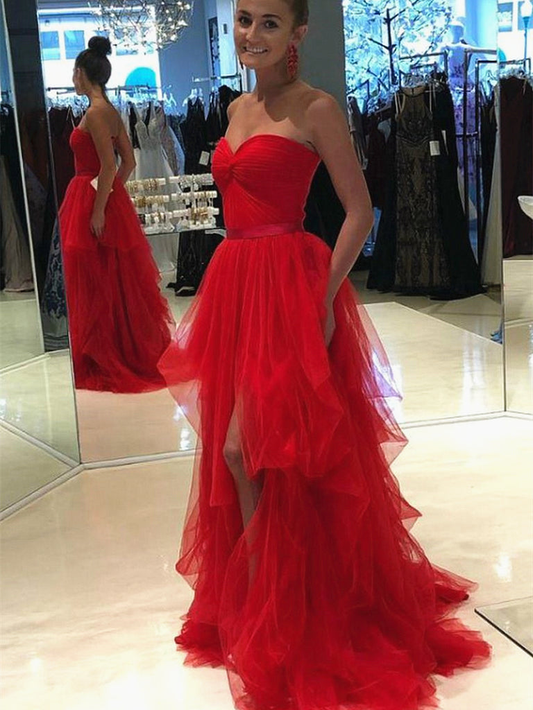 Sweetheart Neck Red Tulle Long Prom Dresses, Red Tulle Long Formal