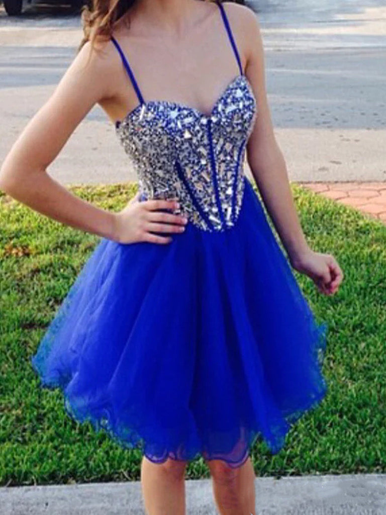 Sweetheart Neck Short Blue Prom Dresses, Short Graduation Dresses, Blu