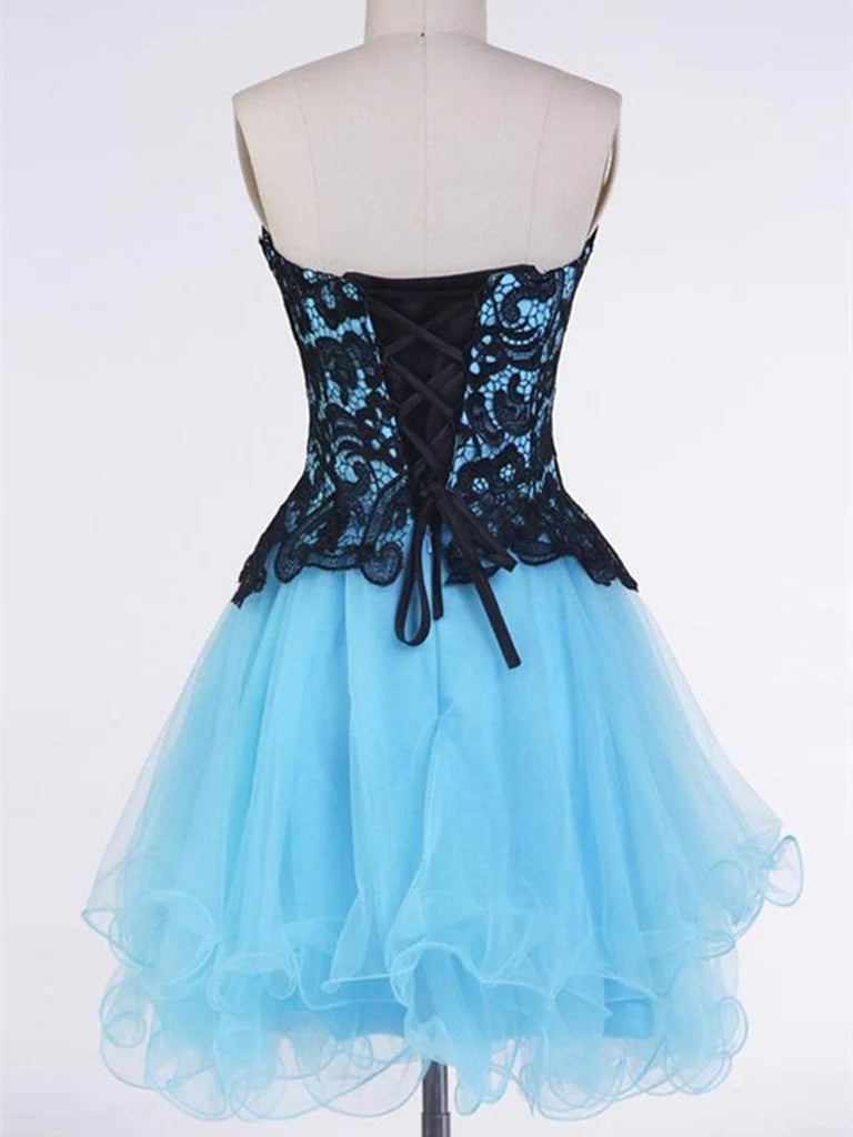 Sweetheart Neck Short Blue Prom Dress with Black Lace Flower, Short Bl jbydress Sweetheart Neck Short Blue Prom Dress with Black Lace Flower, Short Bl jbydress