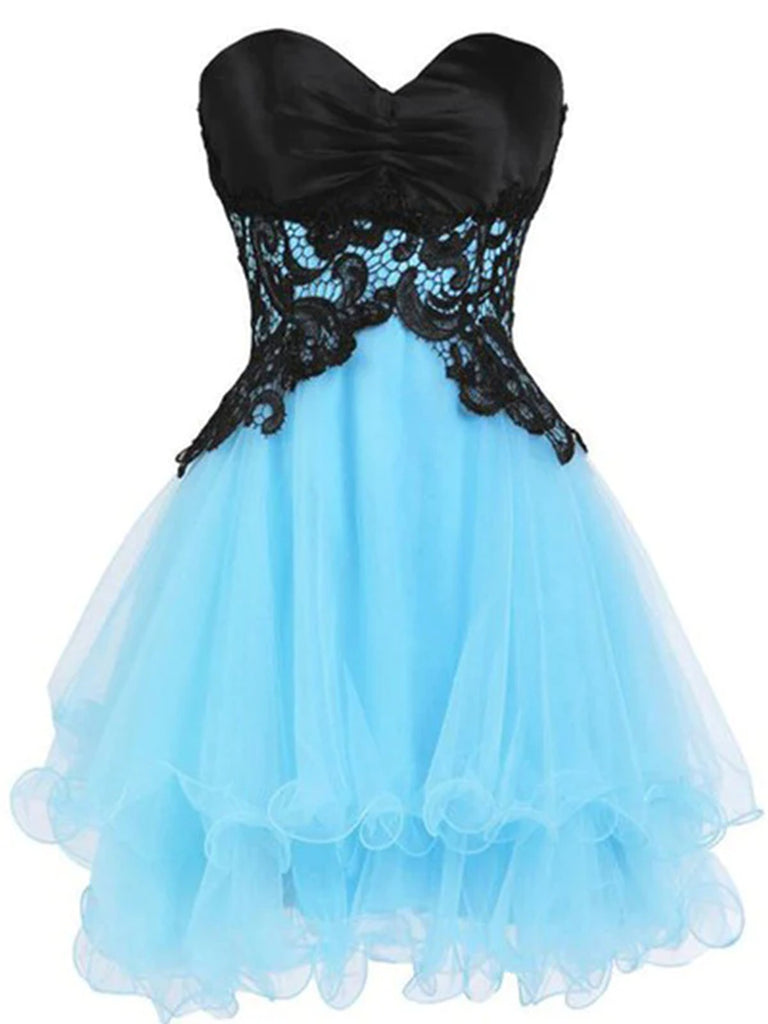 Sweetheart Neck Short Blue Prom Dress with Black Lace Flower, Short Bl jbydress Sweetheart Neck Short Blue Prom Dress with Black Lace Flower, Short Bl jbydress