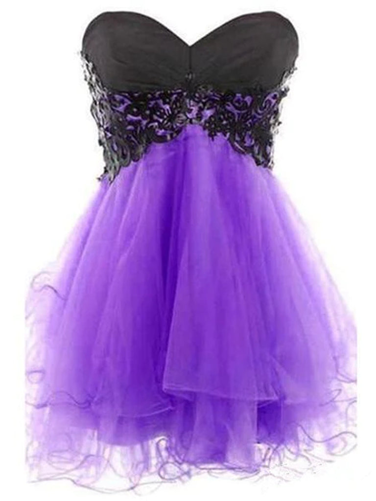 Sweetheart Neck Short Purple Prom Dress with Black Lace, Short Purple Homecoming Dress, Graduation Dress