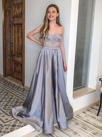 Sweetheart Neck Silver Gray Long Satin Prom Dresses, Silver Gray Formal Evening Dresses