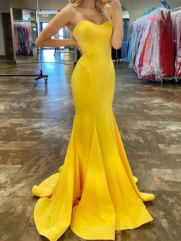 Sweetheart Neck Yellow Mermaid Long Prom Dresses, Yellow Mermaid Long Formal Evening Dresses