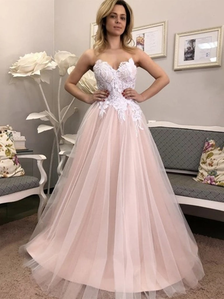 Sweetheart Pink Lace Prom Dresses, Pink Long Lace Formal Evening Dresses