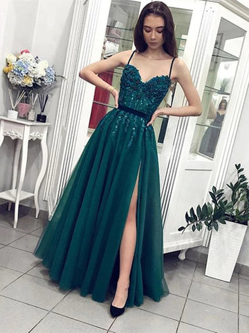 Sweetheart Spaghetti Straps Long Prom Dress, Long Beaded Green Formal Graduation Dresses