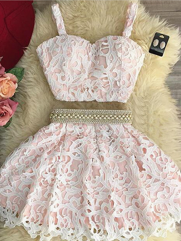 Sweetheart Neck 2 Pieces Short Pink Lace Prom Dresses, 2 Pieces Short Pink Graduation Homecoming Dresses