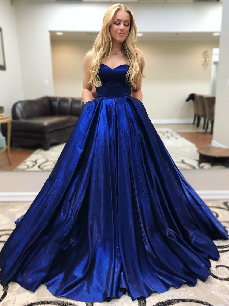 Sweetheart Neck Floor Length Blue Prom Gown with Pockets, Long Blue Prom Formal Graduation Dresses