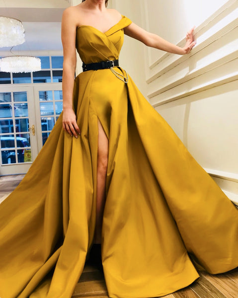 Sweetheart Neck One Shoulder Yellow Prom Dresses Long, One Shoulder Yellow Formal Graduation Evening Dresses