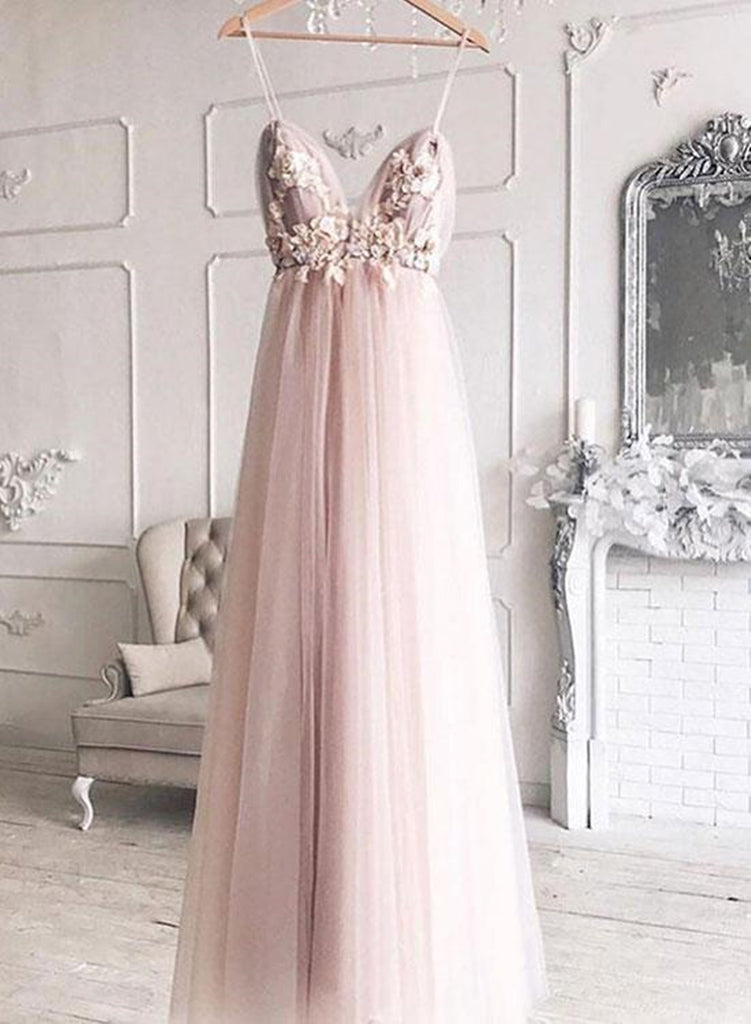pink floral graduation dress Charming Pearl Pink Tulle A-line V-neck Party Dresses Graduation Gown, MP468