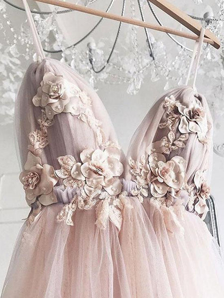 Sweetheart Neck Pink Floral Tulle Prom Dresses, Pink Floral Wedding Formal Graduation Dresses