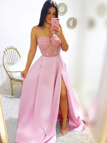 Sweetheart Neck Pink Lace Prom Dresses Long, Pink Lace Formal Graduation Evening Dresses