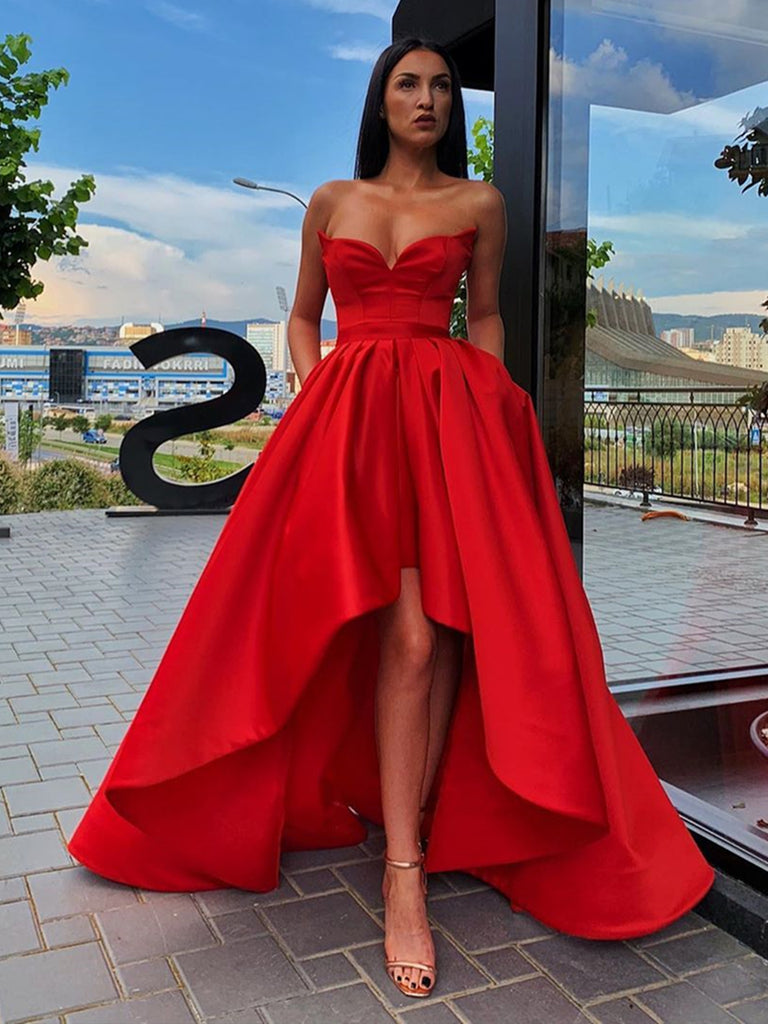 Sweetheart Neck Red High Low Prom Dresses, Red High Low Satin Formal Graduation Evening Dresses